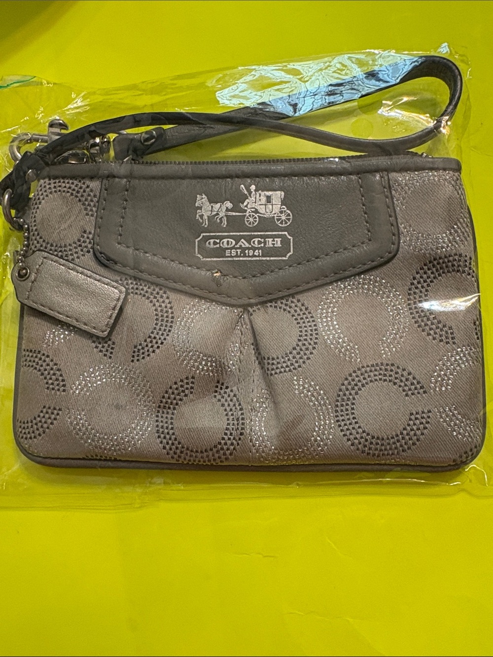 COACH Gray Signature C Logo Wristlet with Horse & Carriage Plaque